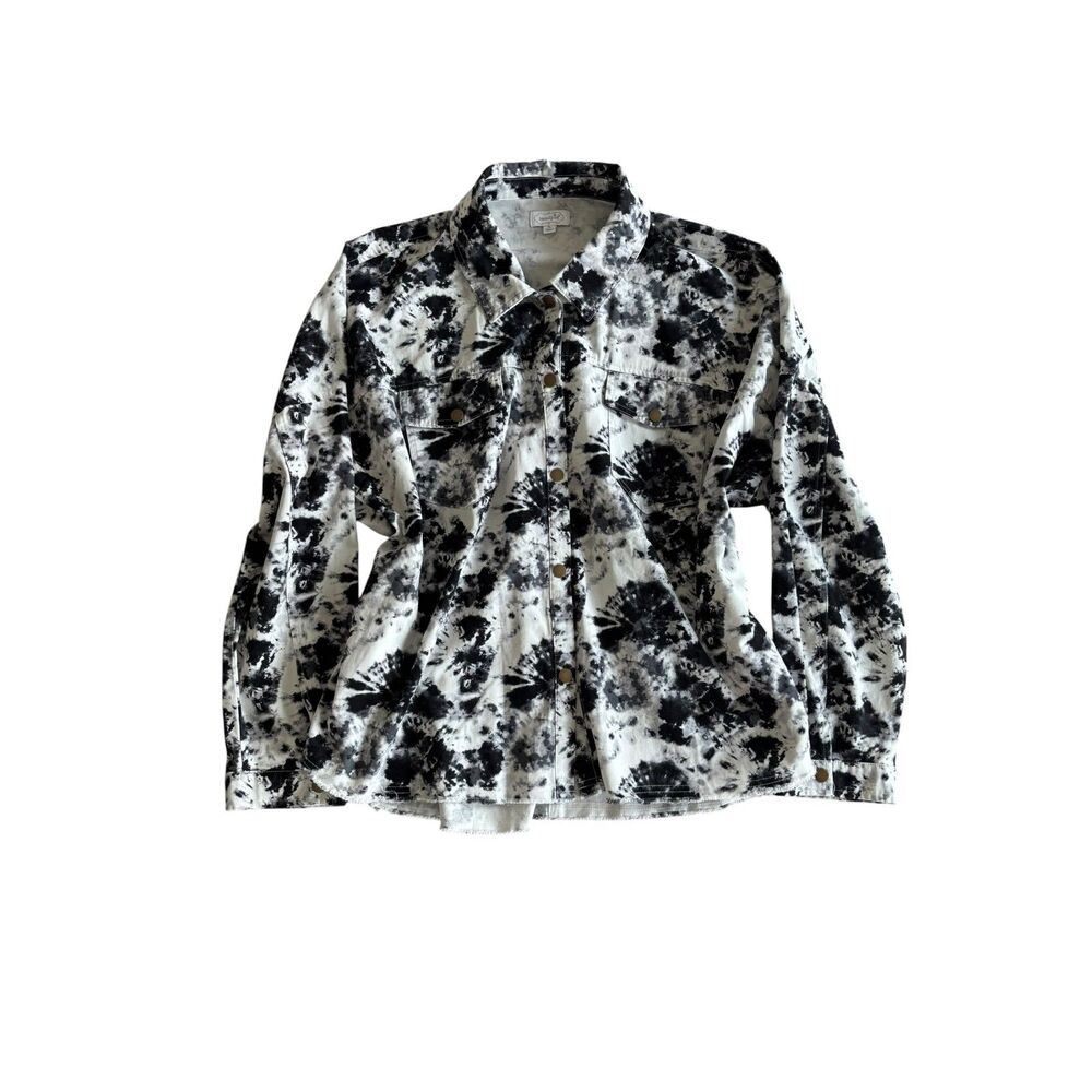 Mudpie Faux Denim Black & White Tie Dye Button Up Jacket Indie 70s Artsy Size XL